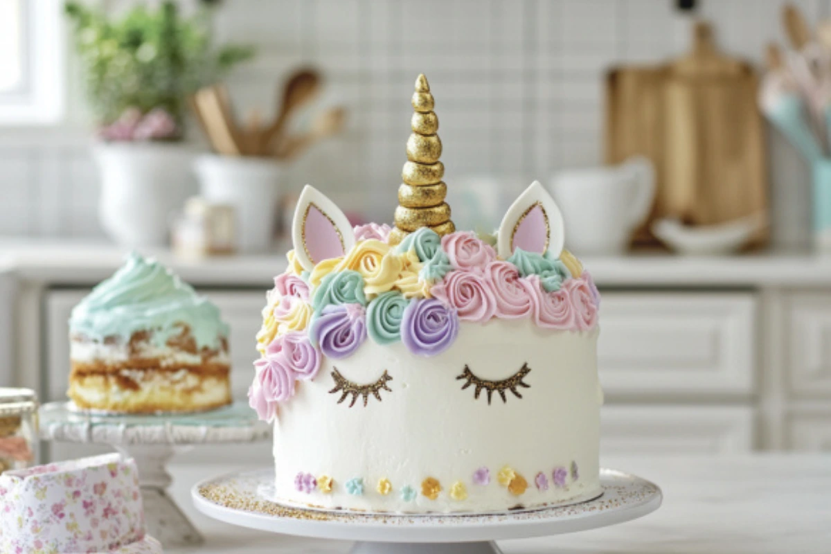 Unicorn cake decorated with pastel buttercream roses, a golden horn, and glittery gold lashes, perfect for a whimsical unicorn cake theme in a bright kitchen setting.