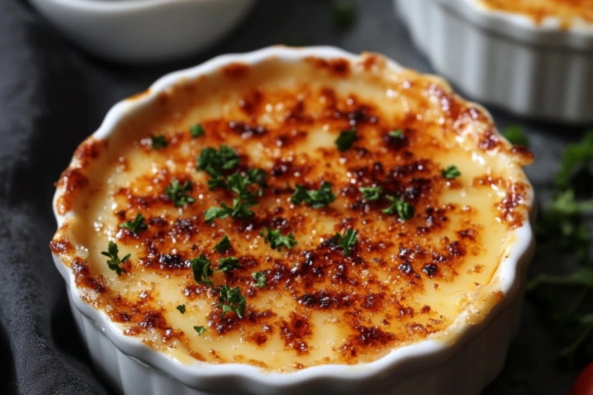 Close-up of a savory Crab Brûlée served in a white ramekin, topped with caramelized crust and garnished with fresh parsley.