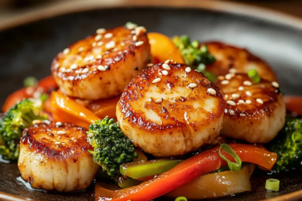 A beautifully plated fishcakes and scallops stir fry dish with golden-brown seared scallops, stir-fried bell peppers, broccoli, and a glossy soy-based sauce, garnished with sesame seeds and green onions.