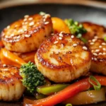 A beautifully plated fishcakes and scallops stir fry dish with golden-brown seared scallops, stir-fried bell peppers, broccoli, and a glossy soy-based sauce, garnished with sesame seeds and green onions.