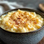 A bowl of creamy Tinis Mac and Cheese, topped with golden toasted breadcrumbs and red pepper flakes.