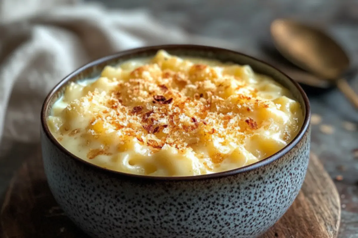 A bowl of creamy Tinis Mac and Cheese, topped with golden toasted breadcrumbs and red pepper flakes.