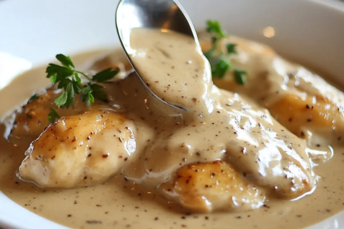 A rich and creamy Chicken and Gravy Recipe with tender chicken smothered in flavorful peppered gravy, garnished with fresh parsley.