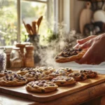 A baker holding a freshly baked cookie from a batch of unique cookie recipes in a warm, sunlit kitchen. Steam rises from the cookies, enhancing the cozy ambiance.