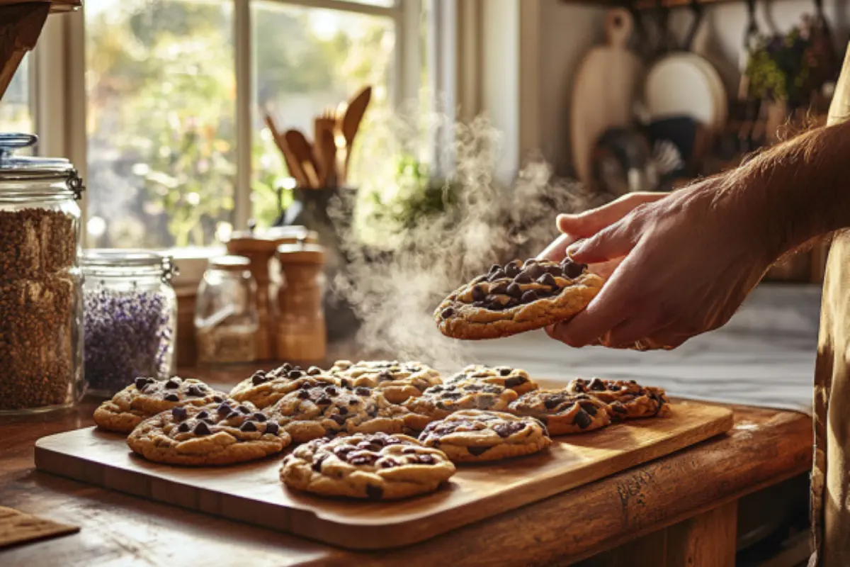 A baker holding a freshly baked cookie from a batch of unique cookie recipes in a warm, sunlit kitchen. Steam rises from the cookies, enhancing the cozy ambiance.