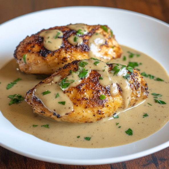  A beautifully plated Chicken and Gravy Recipe featuring golden-seared chicken breasts drizzled with a creamy, flavorful gravy and garnished with fresh parsley.