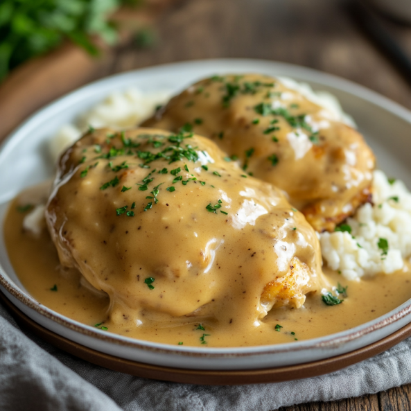 A comforting Chicken and Gravy Recipe featuring golden-brown chicken smothered in rich, creamy gravy, served over mashed potatoes and garnished with fresh parsley.