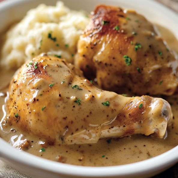 A classic Chicken and Gravy Recipe featuring golden-brown chicken drumsticks covered in a rich, savory gravy, served alongside creamy mashed potatoes and garnished with fresh parsley.